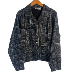 Chicos‎ Metallic Thread Embroidered Gray Button Front Blazer Jacket Size 3/LG